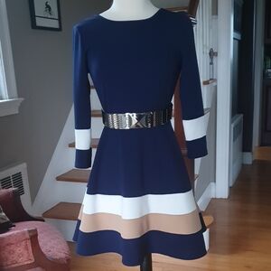 Alt. B Women's Navy Blue Tan and Ivory Striped Dress NWOT NEW